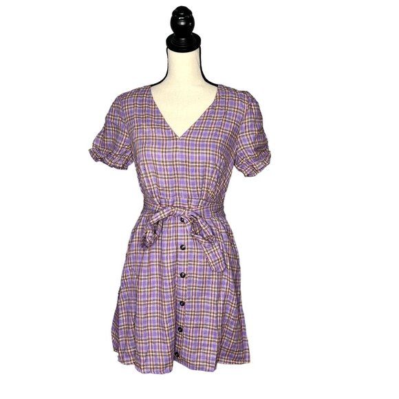 J.O.A. Button Front Purple Plaid Dress M - Picture 1 of 7